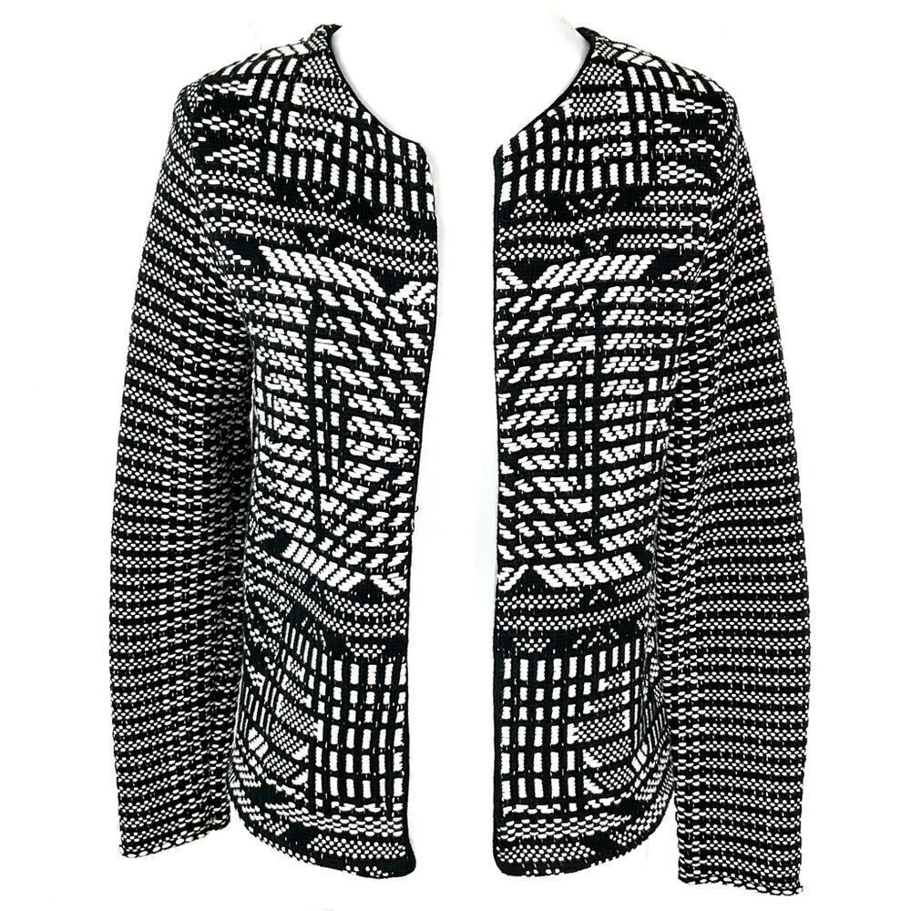 H&M Black White Woven Geometric Open Front Blazer Jacket XS